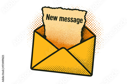 New message concept in a paper envelope. Vector retro illustration for online social media marketing. Trendy halftone collage element with torn paper. Vintage communication icon.