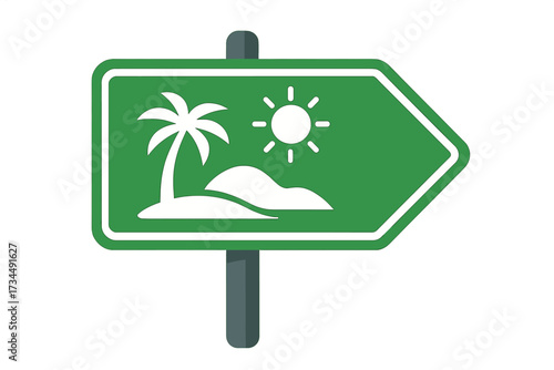 Road sign pointing to a tropical beach vacation. Vector illustration of a signpost with an island, palm tree, and sun icon. Concept for travel, holiday, tourism, and destination.
