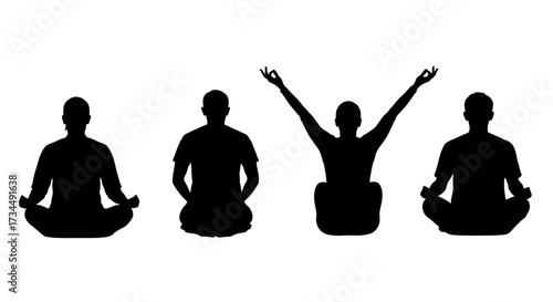 Set of yoga meditation silhouettes in various seated lotus poses for spiritual mindfulness and zen concepts.
