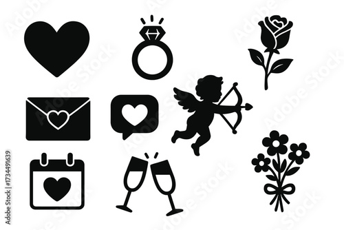 Romantic love symbols vector icon set. Valentine's day glyph collection. Heart, ring, rose, cupid, love letter, calendar, champagne toast. Black silhouette illustration.