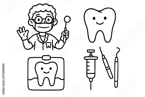 Dentistry doodle icon set. Hand drawn dentist, tooth, and tools. Vector cartoon illustration for dental care, clinic, and health. Stomatology concept line art symbols.