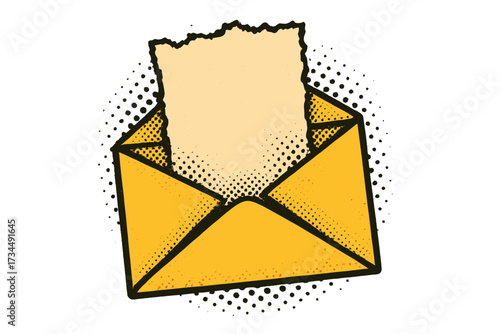 Retro paper envelope with a blank torn paper. Vintage halftone collage element for a new message, mail, or social media marketing. Communication & notification concept vector.