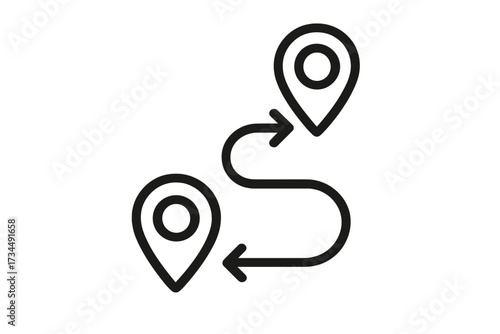 Route icon. Navigation path with start and end location pins. Wayfinding, journey, and travel concept. Symbol for distance, destination tracking, and road trip direction.