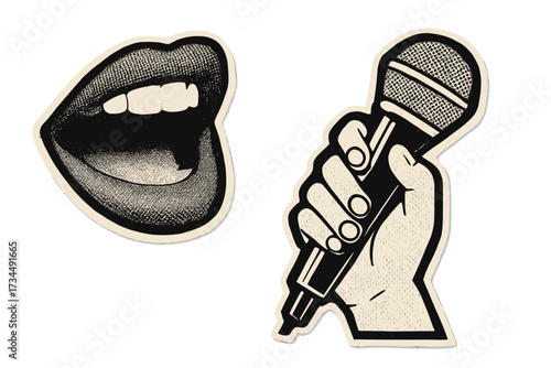 Retro pop art collage. Hand with microphone and singing mouth. Halftone print effect. Magazine cutout elements for podcast, karaoke, interview or stand-up comedy. Vector.