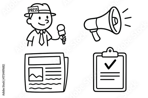 Press release and journalism doodle icon set. Reporter with microphone, newspaper, and megaphone for news announcement. Public relations vector cartoon illustration concept.
