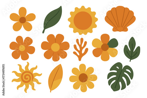 Groovy retro 70s floral element set. Hippie summer flower power design collection. Vintage 60s daisy, sun, seashell, monstera leaf and coral shapes. Flat vector icons.