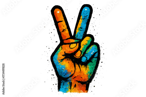 Graffiti V sign hand gesture for peace or victory. Colorful urban street art with spray paint texture and drips. Isolated vector illustration concept for success and freedom.