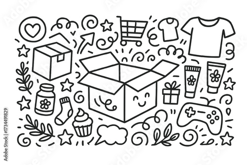 Online shopping doodle set. E-commerce vector illustration. Unboxing delivery box concept. Hand-drawn consumer goods collection. Cartoon icons for web banner and print.