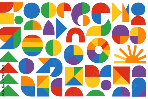 LGBTQ+ pride month seamless pattern with abstract geometric shapes. Rainbow flag color background for celebration. Modern minimalist vector illustration with mosaic texture.