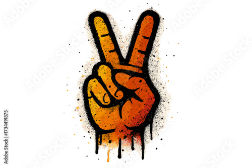 Graffiti V sign hand gesture for peace and victory. Urban spray paint style with texture and drips. Street art concept illustration. Isolated grunge vector graphic design.