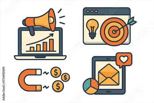 Digital marketing vector icon set. Business growth, advertising campaign. Lead generation, customer attraction magnet. Email marketing, social media, strategy, target audience.