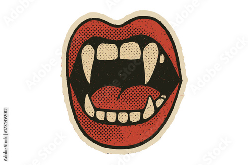 Vampire mouth with fangs in halftone pop art style. Halloween horror sticker. Spooky monster teeth. Retro 90s zine collage vector. Vintage paper texture graphic design.
