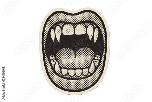Vampire mouth with fangs screaming. Halloween horror monster concept. Retro halftone collage in 90s zine paper sticker style. Dotted vintage pop art vector cartoon.