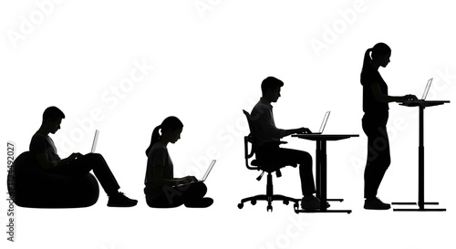 Set of silhouettes showing people working on laptops in various ergonomic and casual postures including a standing desk.

