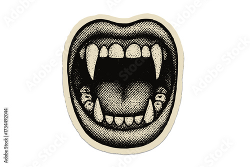 Vampire open mouth with fangs for Halloween. Horror monster teeth scream. Retro halftone dot illustration in 90s zine collage paper cutout style. Vector cartoon graphic.