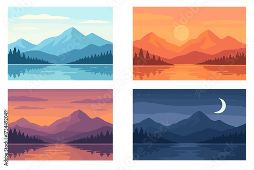 Set of four vector illustrations showing a mountain lake landscape at different times. Day, sunset, dusk and night cycle. Natural scenery background with sun, moon, and stars.