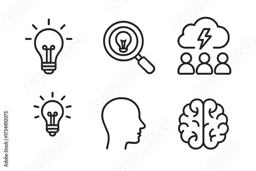 Creativity and idea line icon set. Concepts for brainstorming, innovation, and problem solving. Metaphor for creative thinking, strategy, mind power, analysis and inspiration.