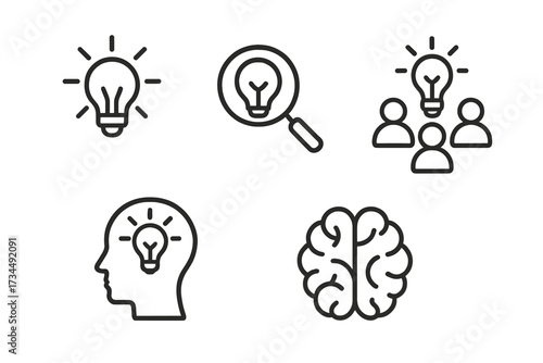Set of creativity and idea web icons in line style. Brainstorming, innovation, finding solution, creative thinking, teamwork, mind power, brain, search, inspiration, insight.