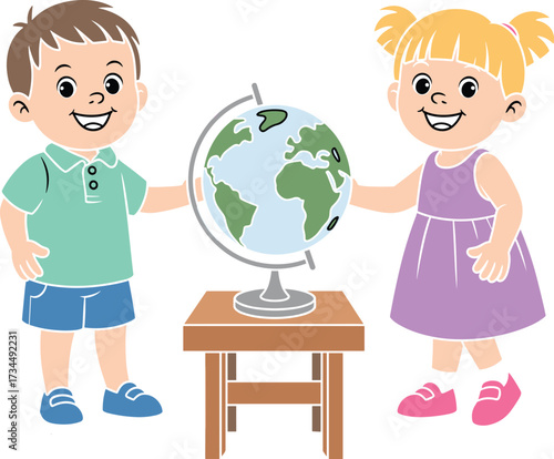 Children, globe, geography, education, learning, classroom, map, school, kids, exploration, global awareness, cartoon, illustration, table, boy, girl, smiling, ponytails, interaction, continents