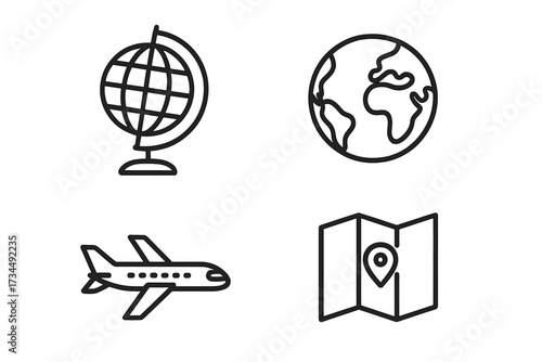 Travel and navigation icon set in thin line style. Vector collection of globe, earth planet, airplane, and map with location pin symbols for web design and tourism concepts.