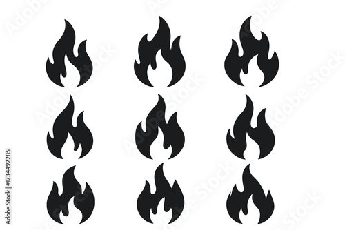Fire flame icon set. Vector silhouette collection. Hot burn symbol. Black campfire pictogram. Flammable warning sign. Energy power heat. Simple flat graphic logo element design.