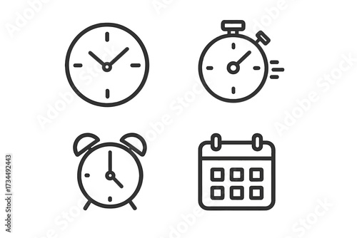 Time and clock vector icon set in a simple line style. Collection includes watch, timer, stopwatch, speed, alarm clock and calendar symbols for web, mobile app, and UI design.