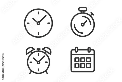 Time and clock line icons set. Watch, timer, speed, alarm, calendar, and schedule symbols. Vector pictogram collection for web and app design. Date, time management concept.