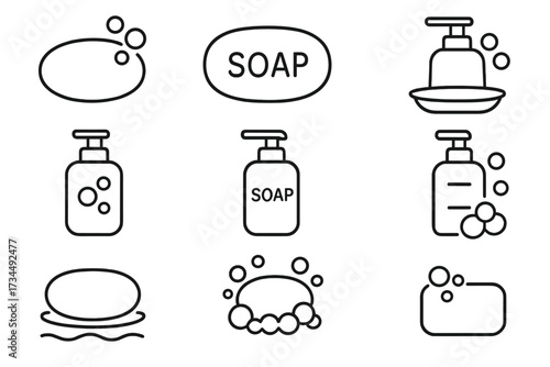Soap line icon set. Bar soap and liquid dispenser with pump. Vector pictograms for hygiene, cleaning, and sanitation. Bubbles and foam illustration for web and apps.