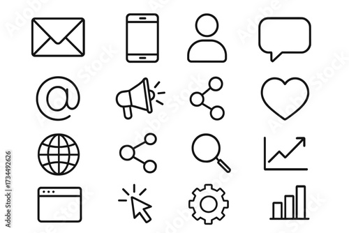 Social media and SEO web icons set, line style digital contact, network technology symbols, communication, internet marketing, mobile, share, search, settings, growth, vector illustration