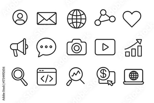 Social media and SEO web icons set in line style, digital marketing symbols, social network connections, communication, technology, website interface, vector illustration transparent background