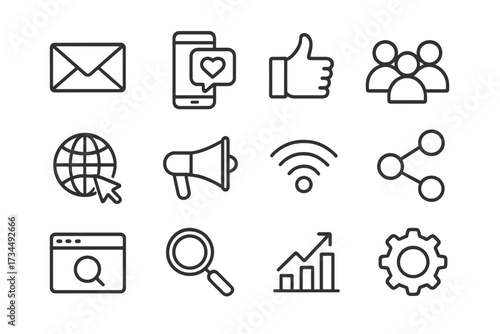 Social media and SEO line icons set, digital marketing symbols, communication, networking, wireless signal, website analytics, technology, online connection, vector illustration