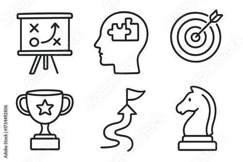 Strategy and goals business concept doodle illustrations set with chess knight, trophy, target, pathway flag, brain puzzle, and planning board in vector cartoon style