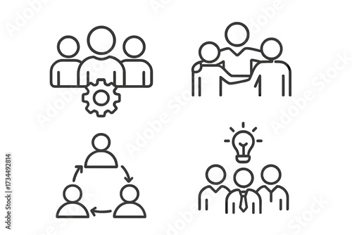 Teamwork and collaboration icons in line style, business support, group synergy, people connection, cooperation, leadership, partnership, team management, vector set transparent background