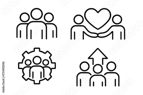 Teamwork line style icons set with people collaboration, support, group synergy, business partnership, cooperation, connection, and growth concept transparent vector illustration
