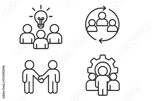 Teamwork and collaboration icons, business people support and cooperation symbols set, vector line style illustration for teamwork concept, partnership and group work design