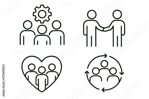 Teamwork line icons set with business people, support, cooperation, partnership, community, collaboration concept in minimalist vector illustration on transparent background