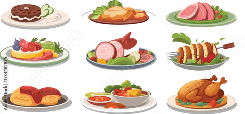Delicious assorted food dishes including meat, chicken, vegetables, desserts, fruit salad, grilled skewers, roasted turkey, gourmet meals, healthy cuisine.