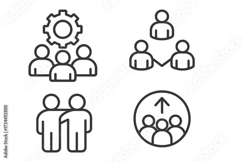Teamwork line icons set with people connection, collaboration, support, business group, partnership, leadership, cooperation, social network, unity concept vector illustration transparent background