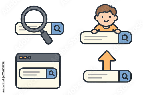 Video marketing doodle concept with cartoon character, search bar icons, magnifying glass, upload arrow, and web browser window vector illustration set