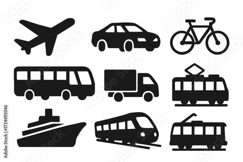 Vector transport icon set. Black silhouette collection of travel and public transportation modes. Car, airplane, bus, train, ship, truck, bicycle, and tram for logistics design.