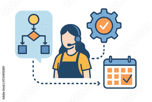 Workflow management abstract illustration of female operator with headset, flowchart, calendar, and gear for process, planning, and efficiency concept in business and technology