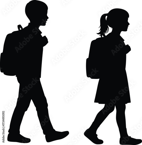 Silhouettes of two schoolchildren walking with backpacks, representing education, daily routine, childhood lifestyle, learning journey, and student life