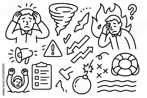 Web traffic doodle concept illustration with distressed people, warning icons, bomb, flame, checklist, and lifebuoy, hand-drawn cartoon set for digital marketing and crisis management