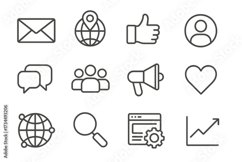 Social media and SEO icon set in thin line style. Vector symbols for digital marketing, web contact, communication. Includes like, user, search, analytics and network icons.