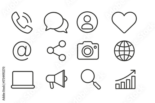 Social media and SEO web icons in thin line style. Vector illustration set for contact, digital marketing, social networks, and website UI design. Includes growth and analytics.