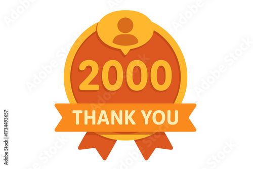 Thank you 2000 followers, friends, and subscribers. Vector design for social media. 2k follower goal achievement celebration badge with ribbon. Milestone number icon.