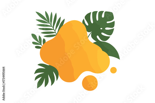Vector abstract fluid shape with tropical leaves. Monstera and palm leaf decoration for summer sale banner. Exotic jungle plant background for text. Liquid amoeba form.