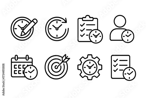 Time management icon set. Line icons for productivity, efficiency, planning. Business concept for deadline, schedule, task management, goal setting, workflow, and strategy.