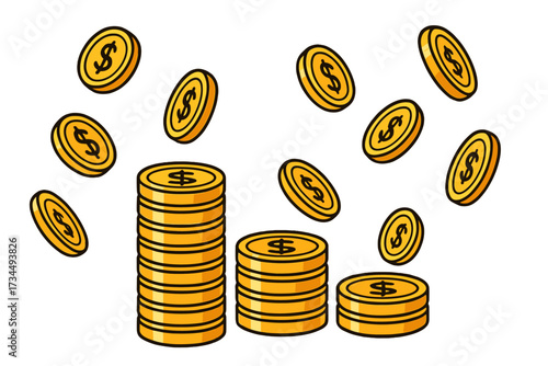 Golden coin stacks as a bar chart and falling money. Vector cartoon illustration. Concept of finance, business, savings, investment, profit, and wealth. Currency jackpot win.