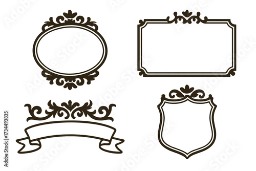 Set of vintage ornamental frames and banner. Vector collection of elegant retro borders, shield and label with baroque scroll filigree. Classic decorative design element for text.